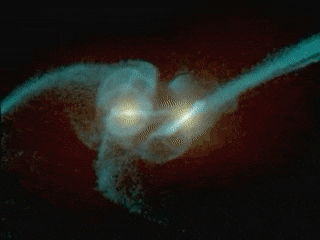 Simulation of two colliding galaxies. Two galaxies, seen edge on, are in the last stages of colliding. The two, coin-shaped galaxies have bright centers that approach each other, and then quickly orbit each other a few times as they get closer and closer until the merge together. Streams of gas, dust and stars stream behind the two galaxies, ultimately tangling together into a single giant ellipse around the merged galactic centers. 
